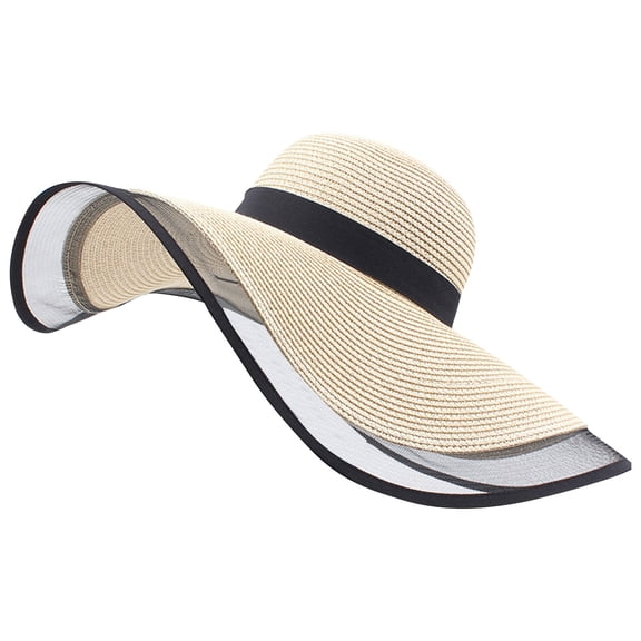Women's Wide Brim Sun Hat Woven Straw Beach Hat with Sheer Mesh Edge for Adults UV Protection Floppy Headwear Summer Travel Vacation Everyday Casual Apparel Accessory