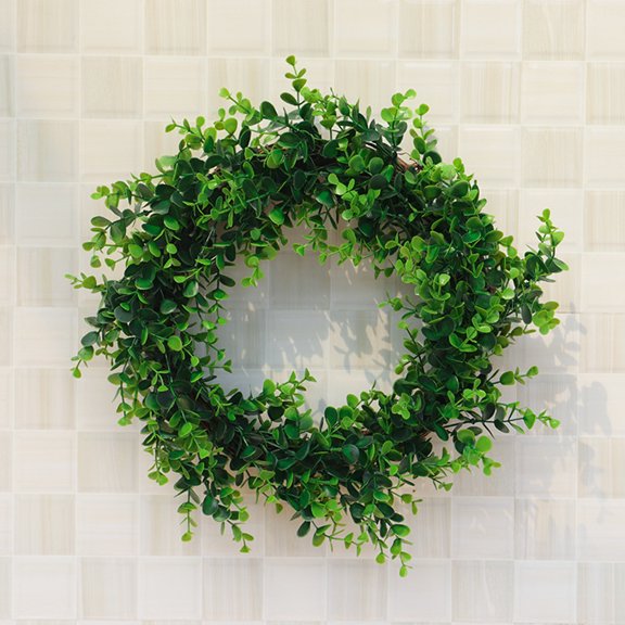Harpi 12 Inch Spring Wreaths for Front Door Clearance, Greenery Summer Wreath, Artificial Green Plant Wreath Simulation Green Plant Garland Home Office Decor