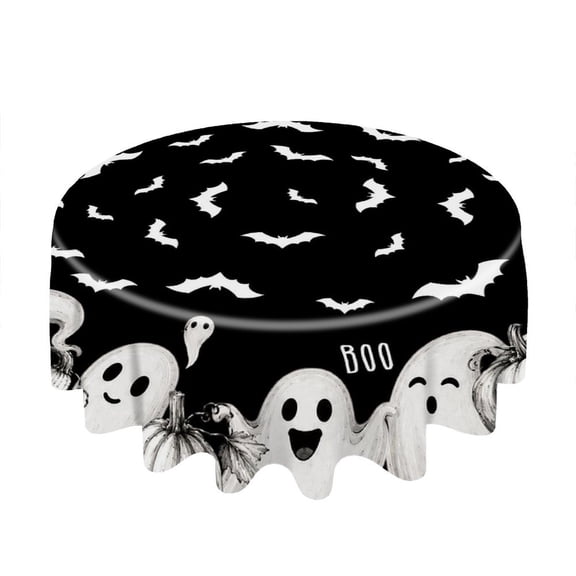 60in Round Black White Ghost Pumpkin Halloween Tablecloth for Party