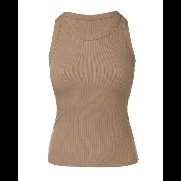 Camisetas Sin Mangas con Sujetador Incorporado, Camisetas Deportivas Sin Mangas para Mujer, Camisetas Sin Mangas Acanaladas para Hacer Ejercicio, Camisetas para Correr Caqui XL