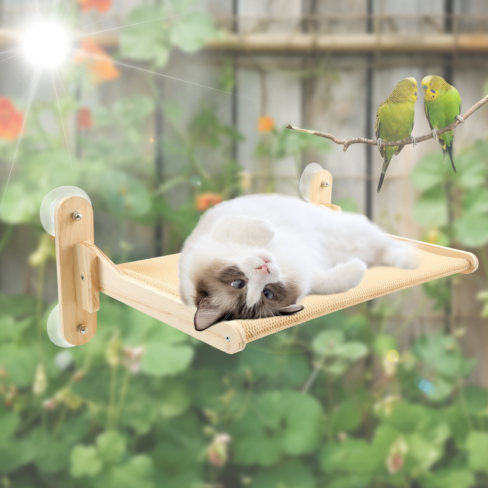 Suction Cup Folding Cat Window Perch No Drilling Wood Frame Cat Window Hammock for Indoor Living Room Bedroom