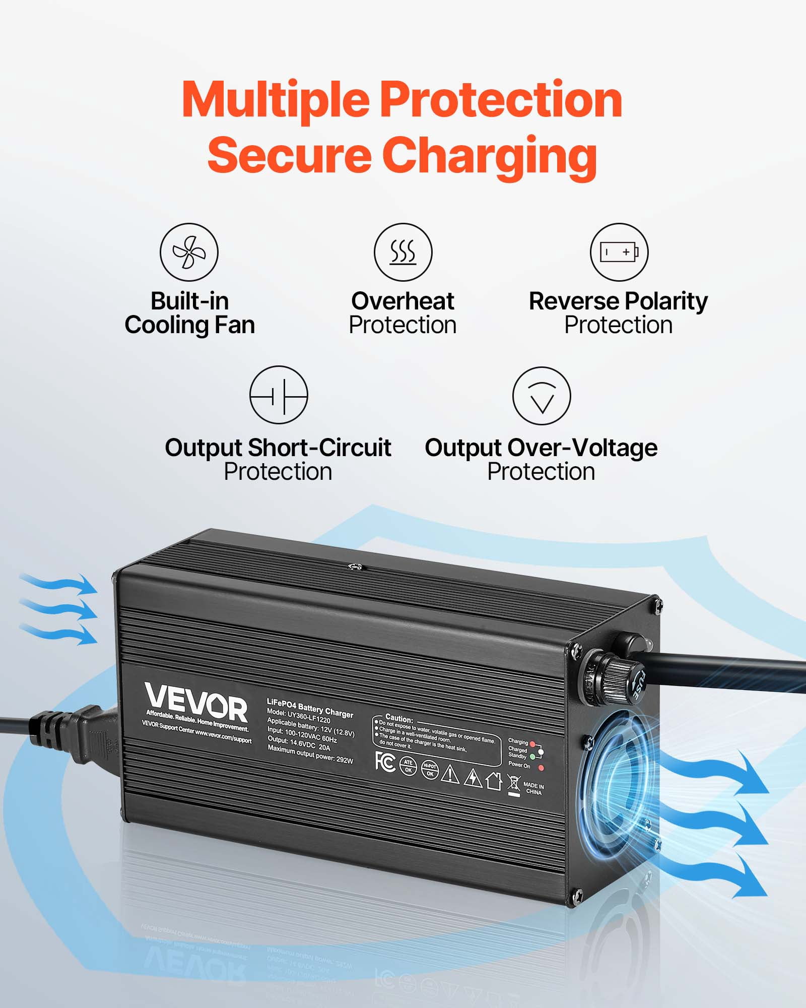 VEVOR 12V 20A Lithium Battery Charger, 14.6V, AC-DC LiFePO4 Smart Charger, with Anderson Connector, LED Indicator, 0V Activation, for Lithium LiFePO4 Deep Cycle Rechargeable Batteries of Boat, RV