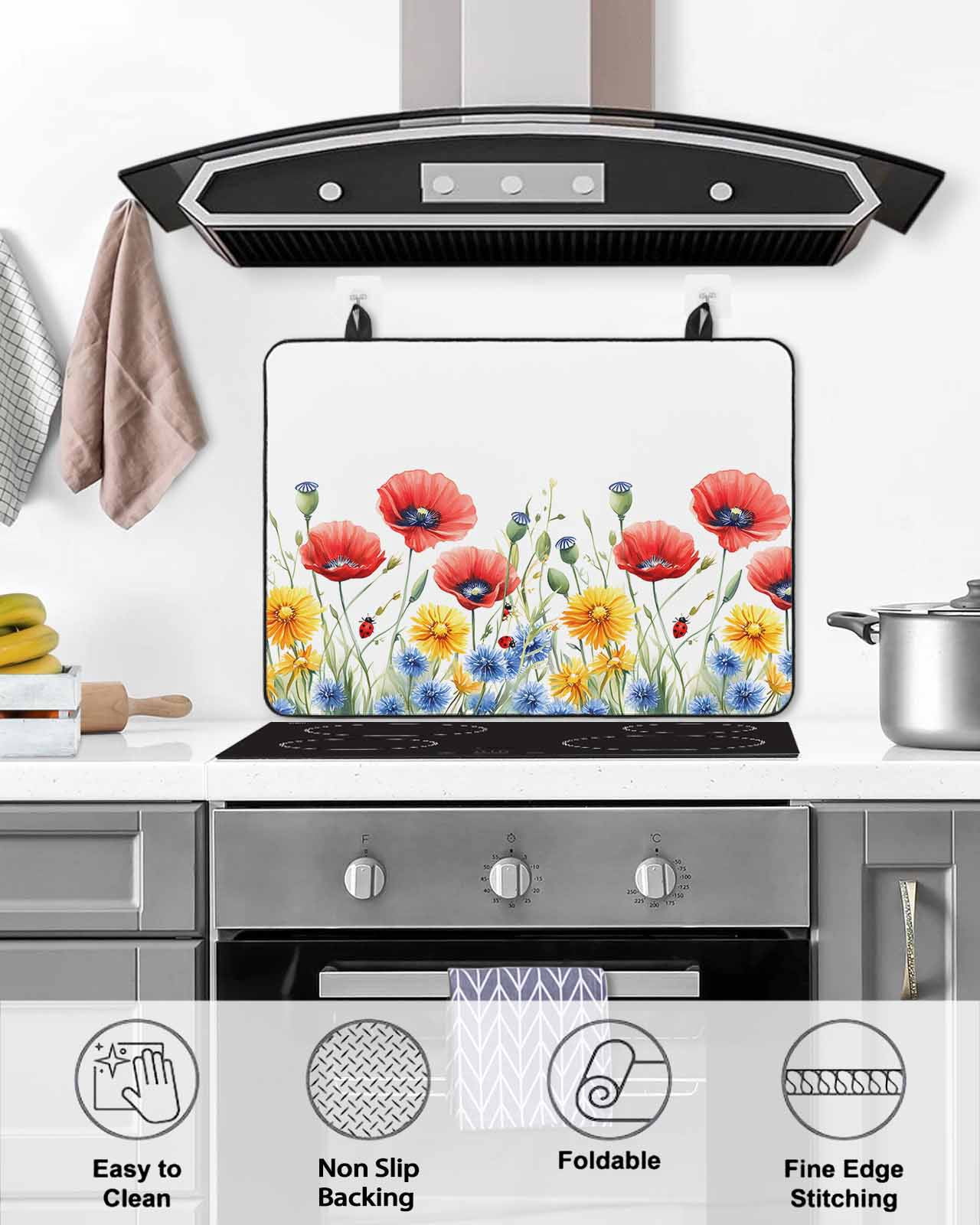 nqOlkjepod Large Induction Cooktop Protector Mat 36"x21", Watercolor Floral Stove Top Covers for Electric Stove, Independence Day Botanical Flowers Stove Burner Cover Mats, Glass Top Stove Cover
