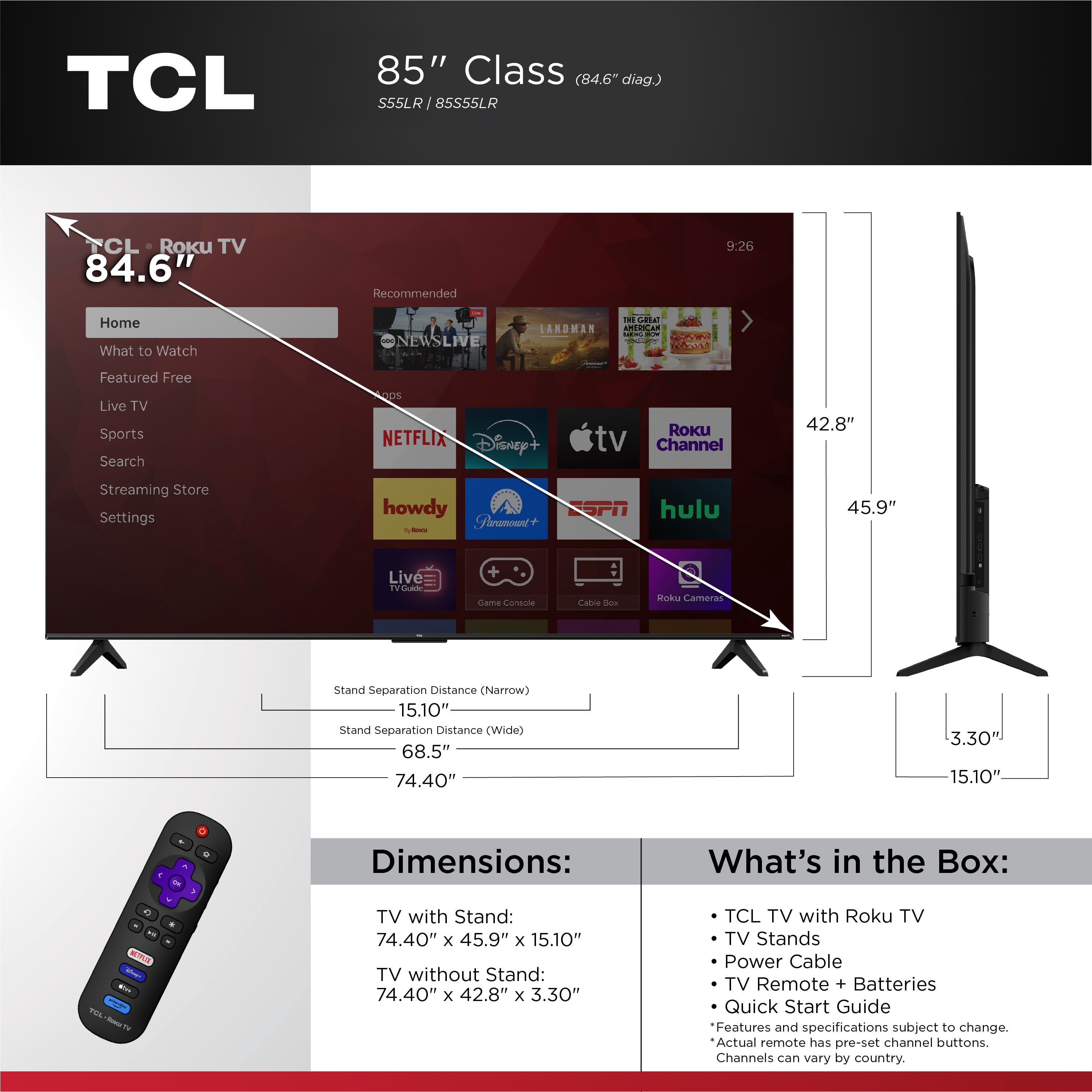 TCL 85” Class S55LR Series 4K HDR LED Smart Roku TV (New 2026) - High Brightness LED Backlight, Wide Color Gamut, Motion Rate 240, Game Accelerator 120, Auto Game Mode - 85S55LR