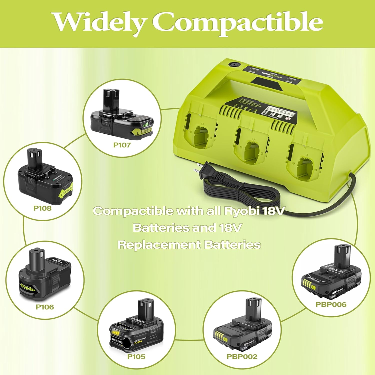 18V 6 Ports Rapid Charger Station for Ryobi P180 P135 18V ONE+ Supercharger for P100 / P102 / P105 / P107 / P108 / P189 / P190 / P193 ,Compatible with All Ryobi ONE+ 18V Battery Without USB Port