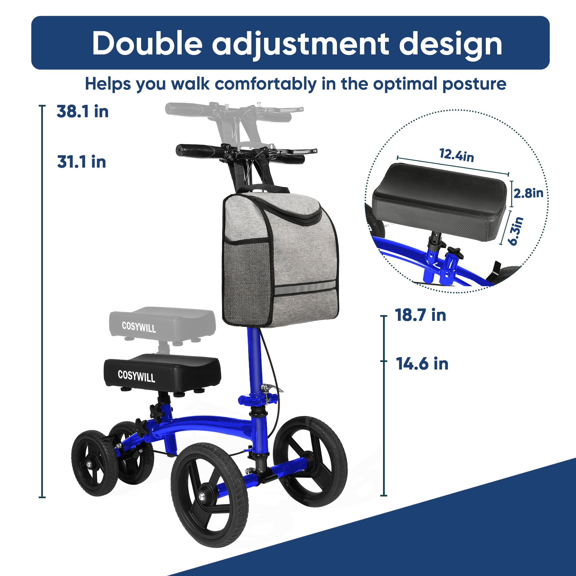 COSYWILL Steerable Knee Scooter,Economy Knee Walker,All Terrain Foldable Medical Scooter for Foot Injuries Crutches Alternative,Blue