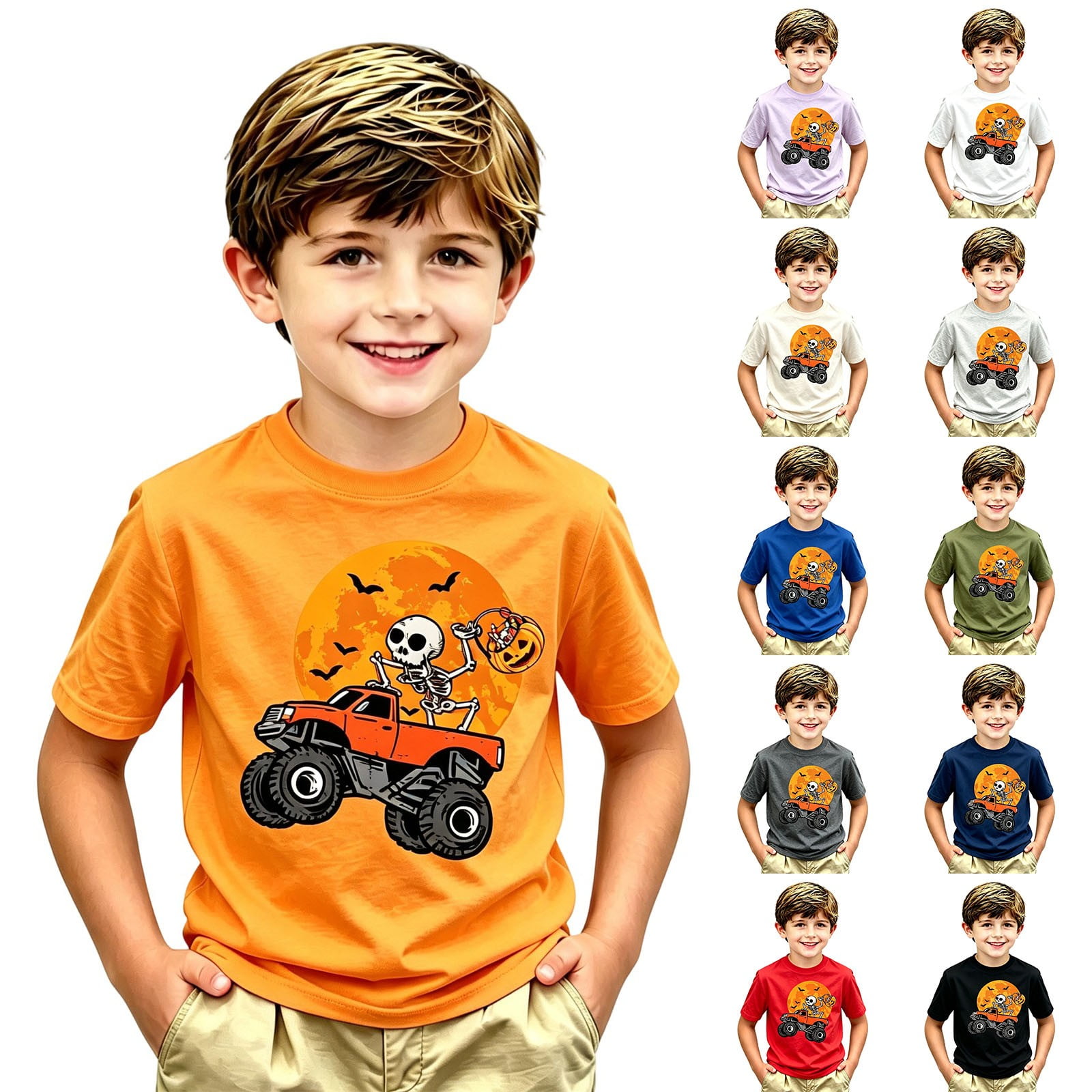 Boys Halloween Graphic T-Shirt Skull Monster Truck Print Short Sleeve Crewneck Tee Casual Spooky Party Top for Kids Boys Girls