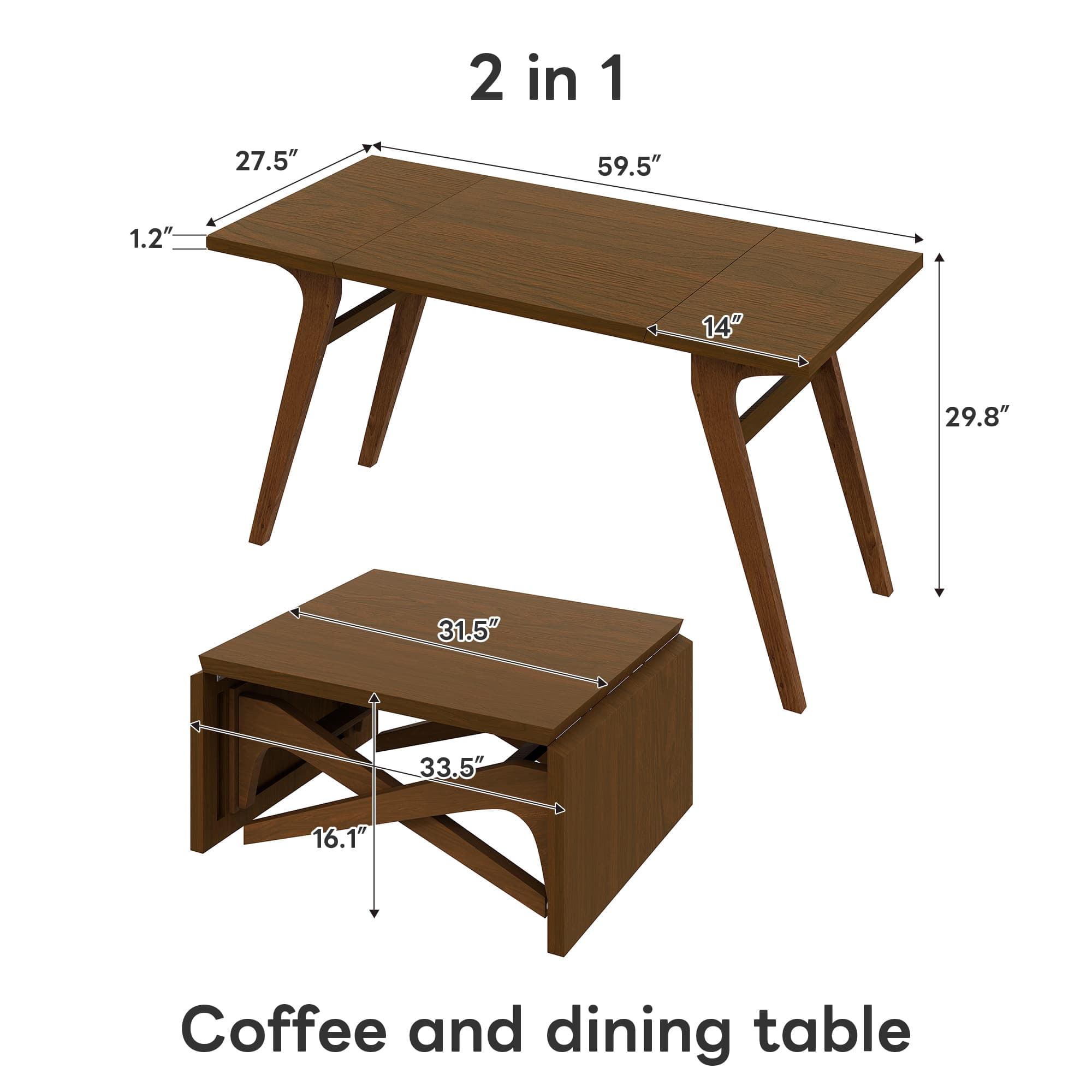 Aukfa 59.5" Rectangle Lift Top Expandable Dining Table,2-in-1 Convertible Solid Wood Dining Table,Walnut