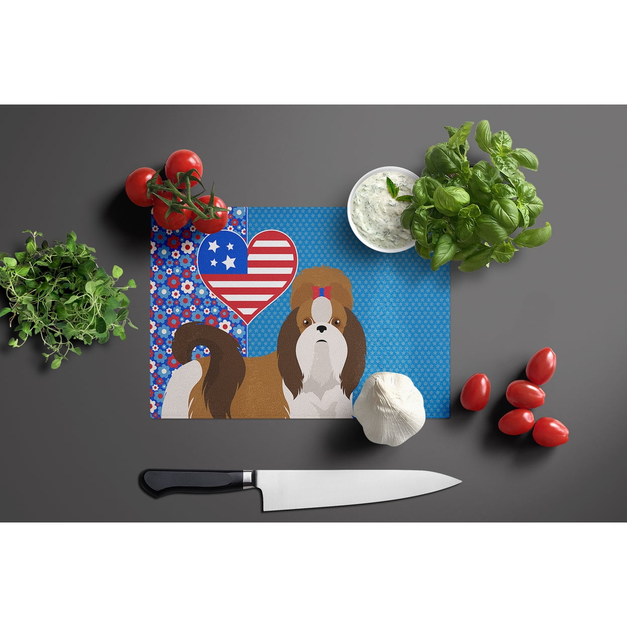 Red and White Shih Tzu Glass Cutting Board Large 12 in x 15 in