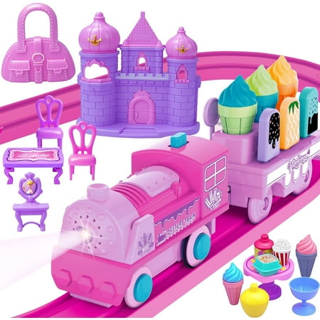 Railway car toy set is suitable for girls aged 2 to 7. This set includes a pink princess train.