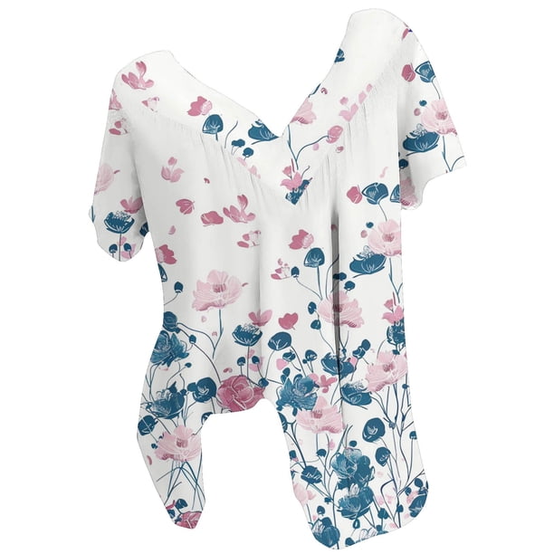Blusas de Manga Corta para las Mujeres con Cuello en V Impreso Suéter Casual Top, Blusas para las Mujeres Casual