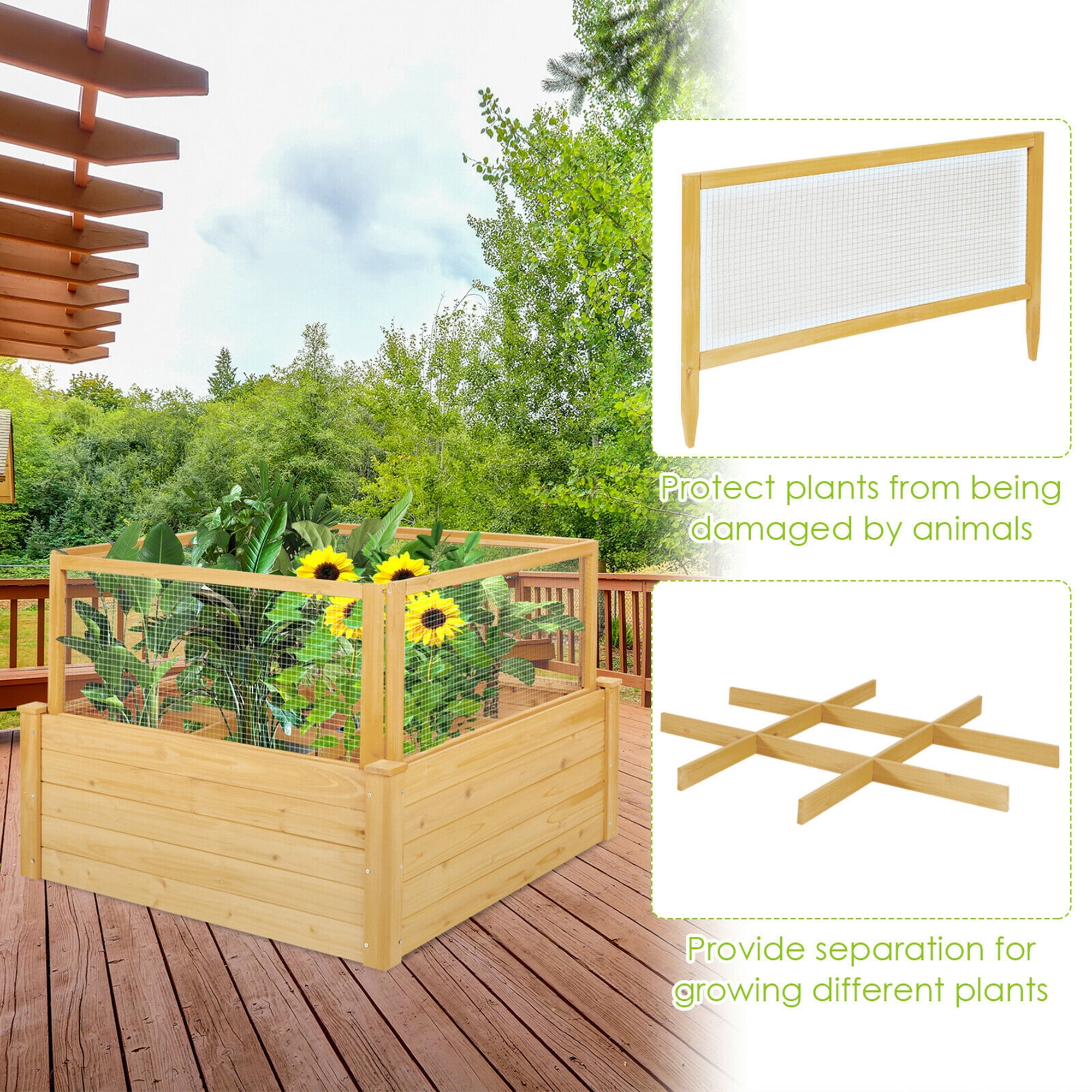 Gymax Raised Garden Bed Guard Fence Wooden Garden Box with 9 Grids & Critter