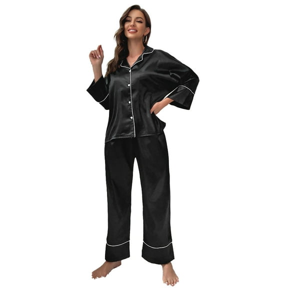 XBASW Womens Satin Pajama Set Solid Color Silk Pjs Outfit Long-Sleeved Sleepwear Button down Spring Fall Loungewear S-XL