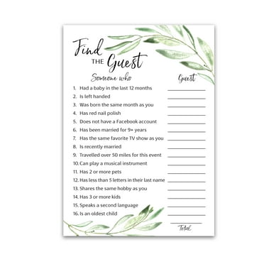 GREENERY — FIND THE GUEST Baby Shower Game — Pack of 25 — Gender Neutral Baby Shower Game, Succulents Green Olive Branch Icebreaker Baby Shower Party Game, Guess Who Came to the party Game G320-FTG