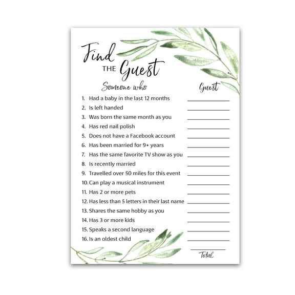 GREENERY — FIND THE GUEST Baby Shower Game — Pack of 25 — Gender Neutral Baby Shower Game, Succulents Green Olive Branch Icebreaker Baby Shower Party Game, Guess Who Came to the party Game G320-FTG