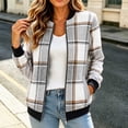thumbnail image 5 of Women's Plaid Bomber Jacket Zip Up Wool Blend Long Sleeve Warm Fall Winter Coats with Pockets, Ribbed Details (M, Gray), 5 of 7