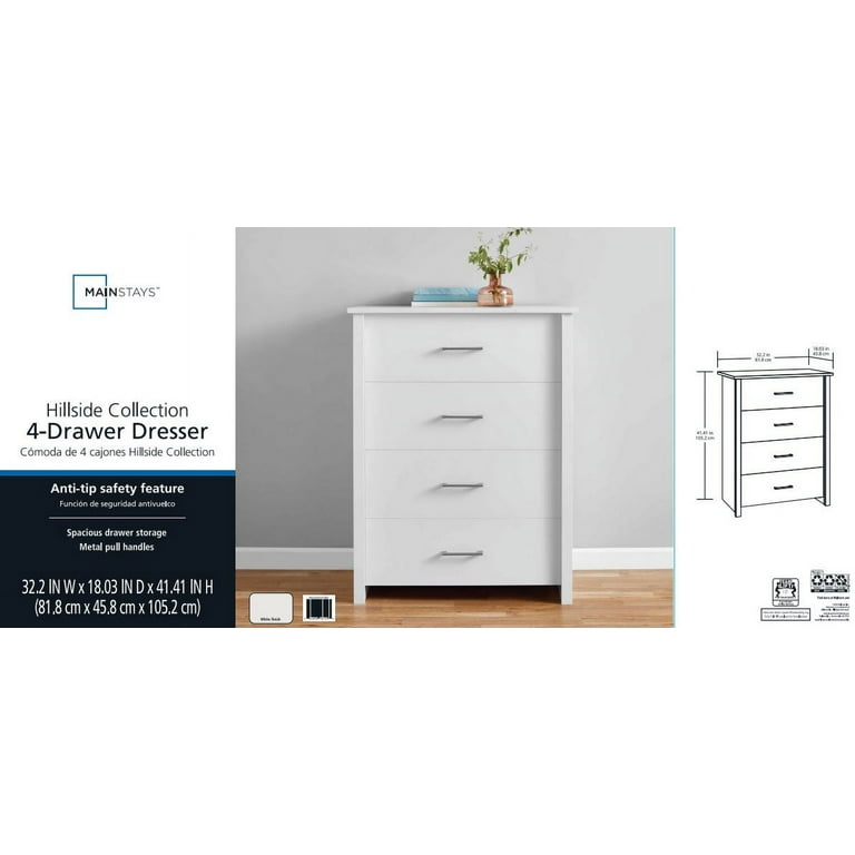 Mainstays Hillside 4 Drawer Dresser White Finish