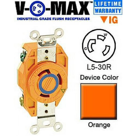 Leviton 2610-IG Receptacle Locking Blade V-0-MAX L5-30R 30A 125V 2P3W Isolated Ground - Orange