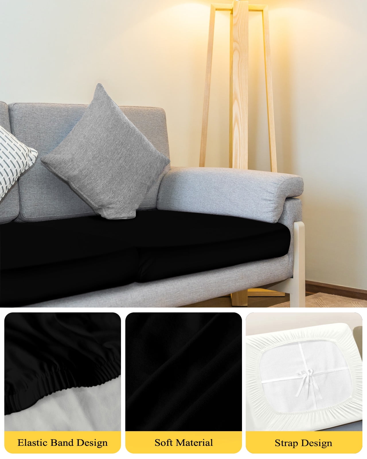 Black Couch Cushion Covers Stretch, Washable Sofa Seat Covers Individual Seat Cushion Sofa Slipcovers Pure Black Couch Cover Furniture Protector S-1PCS