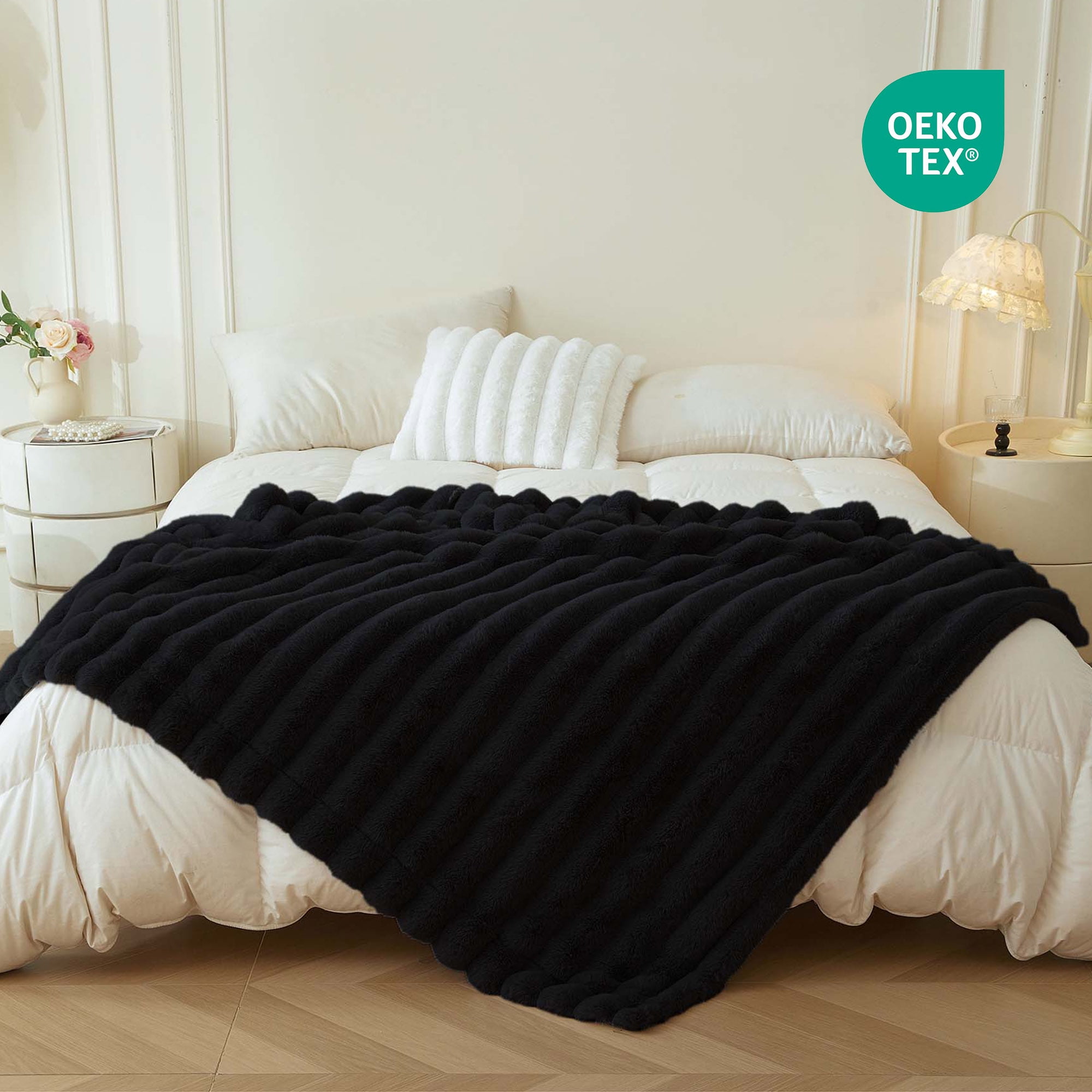 XeGe Fluffy Faux Rabbit Fur Throw, Luxury Ribbed Stripe Plush Fuzzy Blanket for Bed Couch Sofa Chair, Decorative Shaggy Throw Bedroom Living Room, Furry Blanket for Kids Teens Adults, 50x60, Black