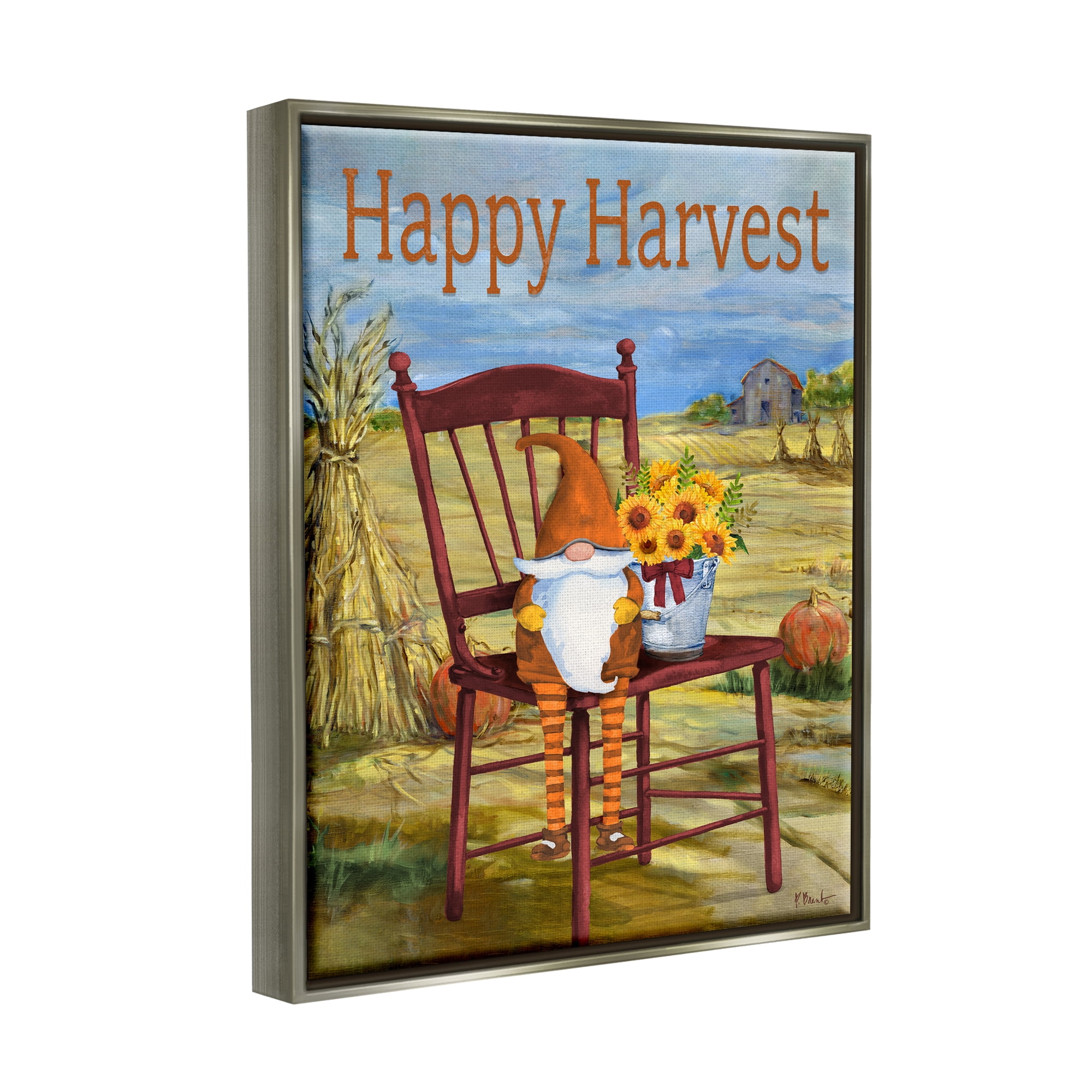 Stupell Industries Happy Harvest Country Gnome Landscape Painting Gray Floater Framed Canvas Art Print Wall Art, 25 x 31