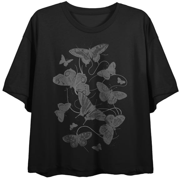 Butterfly Flight Crew Neck Short Sleeve Women's Black Crop T-shirt-Medium