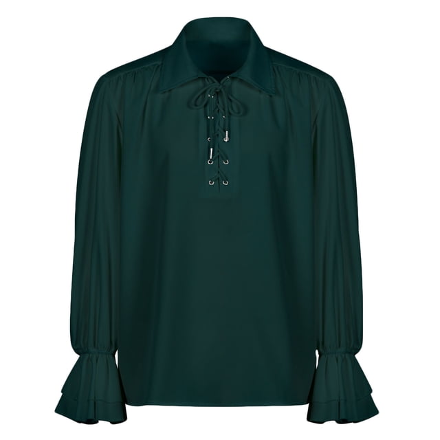 AherBiu Mens Long Sleeve Shirts Ruffle Renaissance Steampunk Lapel Collar Adjustable Drawstring Pirate Shirt