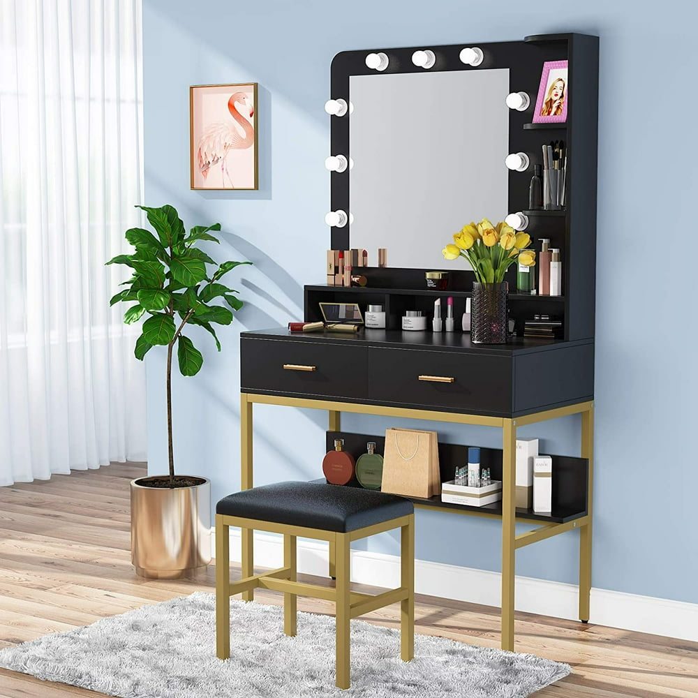 Vanity Set with Lighted Mirror & Stool, Makeup Vanity Dressing Table with 9 Lights, 2 Drawers 