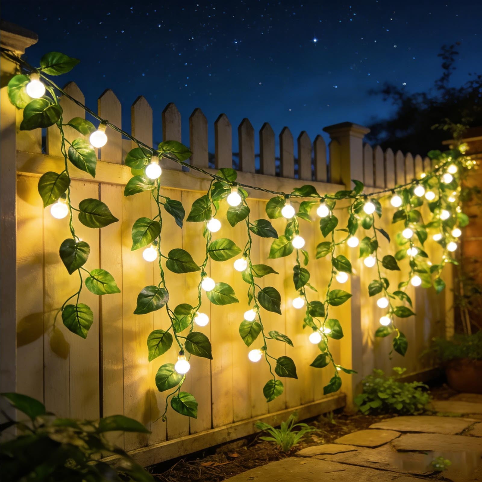 Solar Powered LED Leaf String Lights, 5m Green Artificial Ivy Garland with Waterproof IP44, Automatic Light Sensor for Outdoor Patio and Garden Decoration