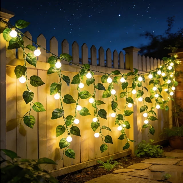 5M Luces solares de cadena con guirnalda de hojas artificiales, luces LED impermeables tipo cortina de follaje para decoración de jardín exterior, patio y habitaciones.
