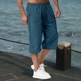 thumbnail image 2 of IYYVV Men's Long Cotton Linen Shorts Knee Length 3/4 Baggy Pants Summer Drawstring Sport Lounge Capri Pant with Pockets Blue 3XL, 2 of 4