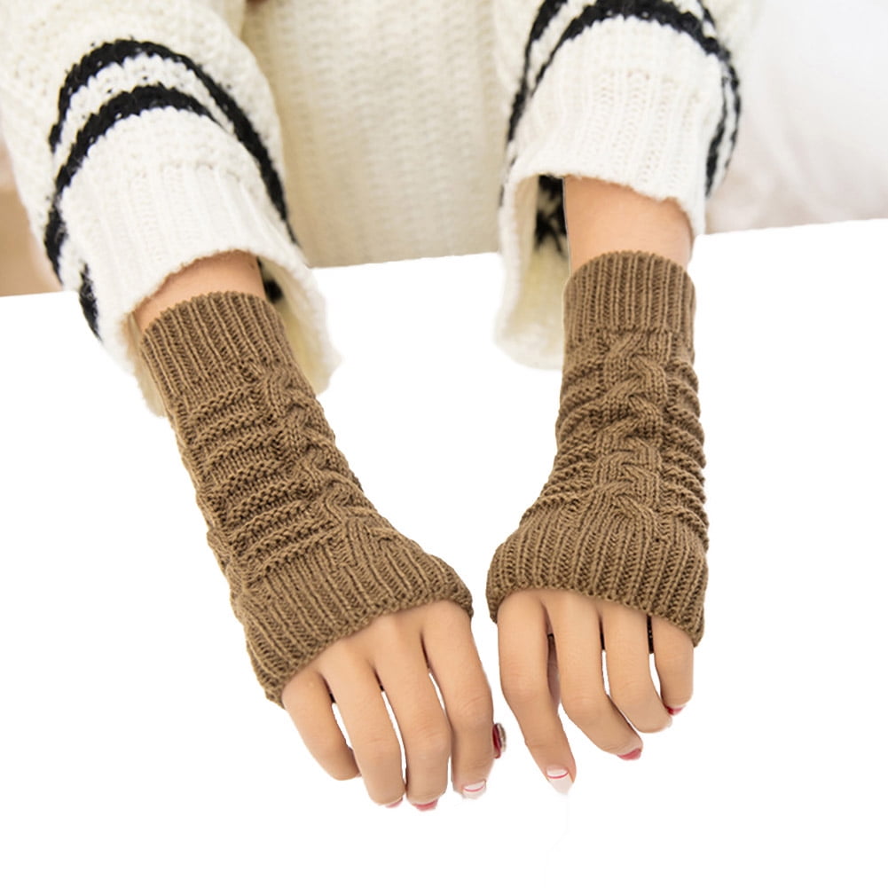 Women's Winter Warm Thumb Hole Crochet Fingerless Gloves Knitted Wrist
