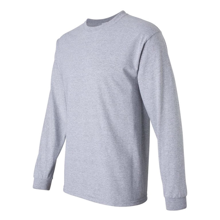 Gildan Men's Ultra Cotton Long Sleeve T-Shirt – 100% Cotton, Ash Grey, Crew Neck, Plain Tee (Size Small)