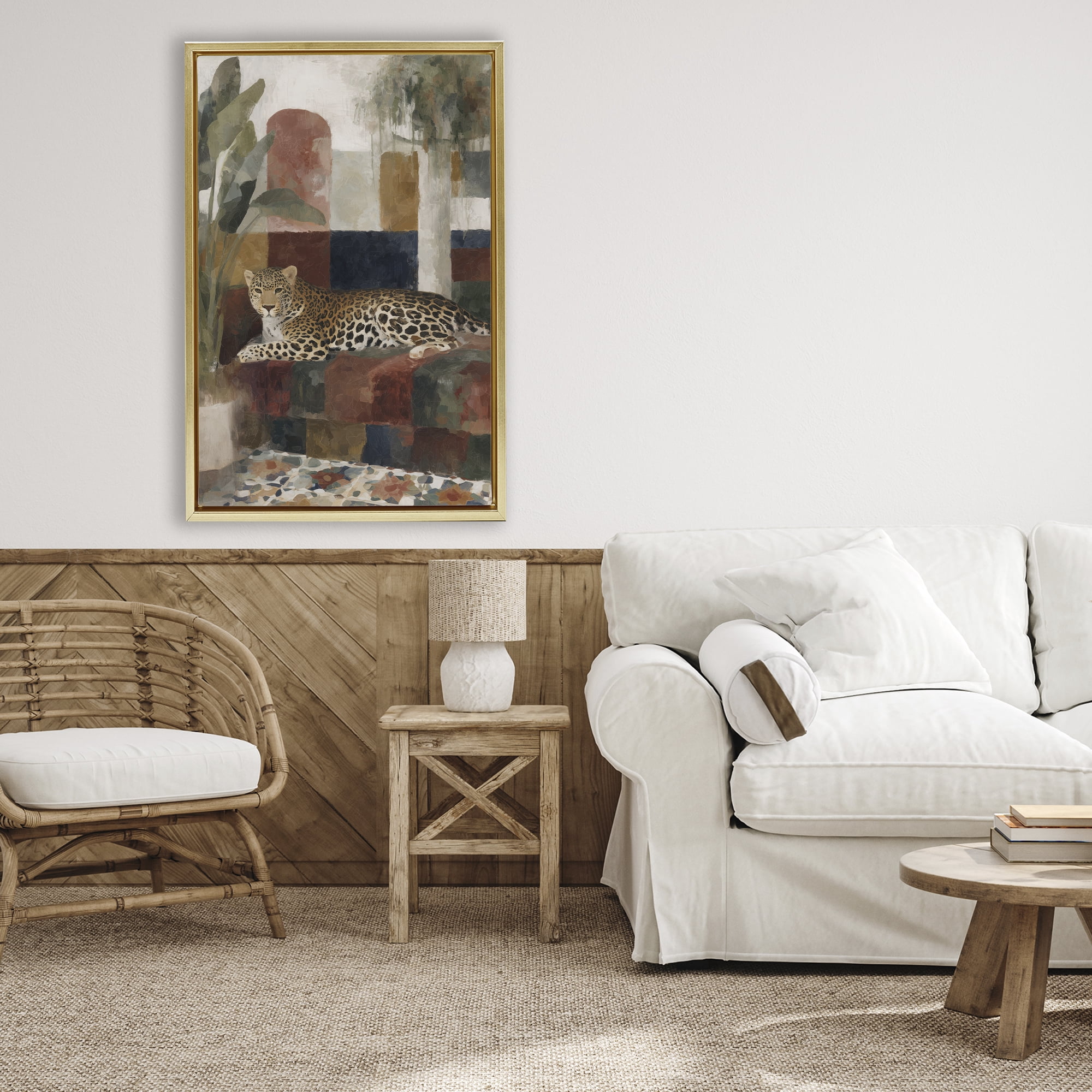 Stupell Industries Jaguar Among Tropical Palms Gold Framed Floater Canvas Wall Art, design by Chromatic Storm Studio