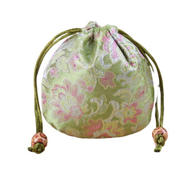 Brocade Jewelry Drawstring Bag Cute Leakproof Vintage Mini Leakproof Flower Pattern Storage Pouch Pocket Gift Wrapping Accessories Green