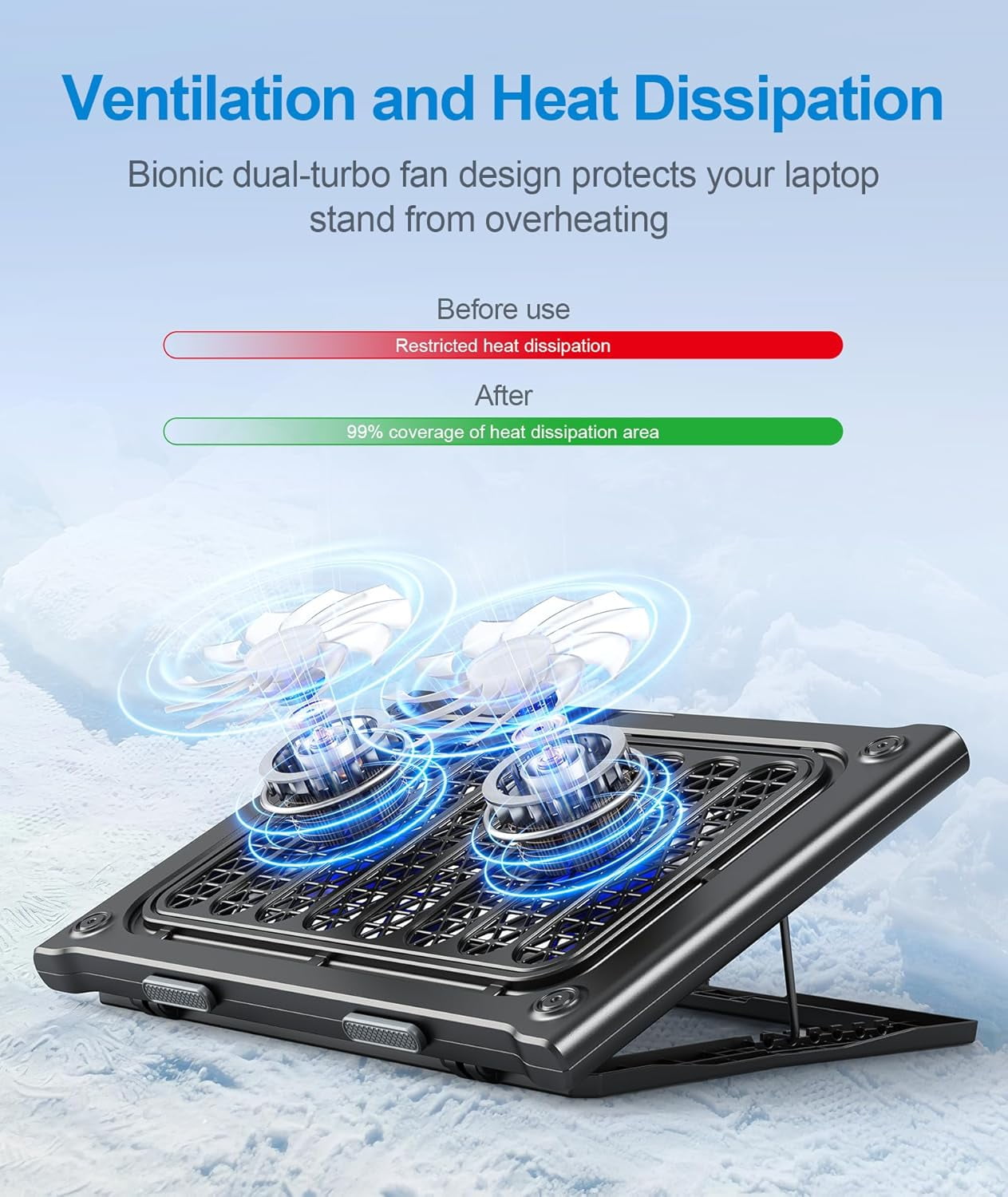 Laptop Cooling Pad Stand, Cooler with 2 Silent Fans for 10-15.6 Inch Laptops,6 Levels of Height Adjustable Wind Speed USB Ports (Black)