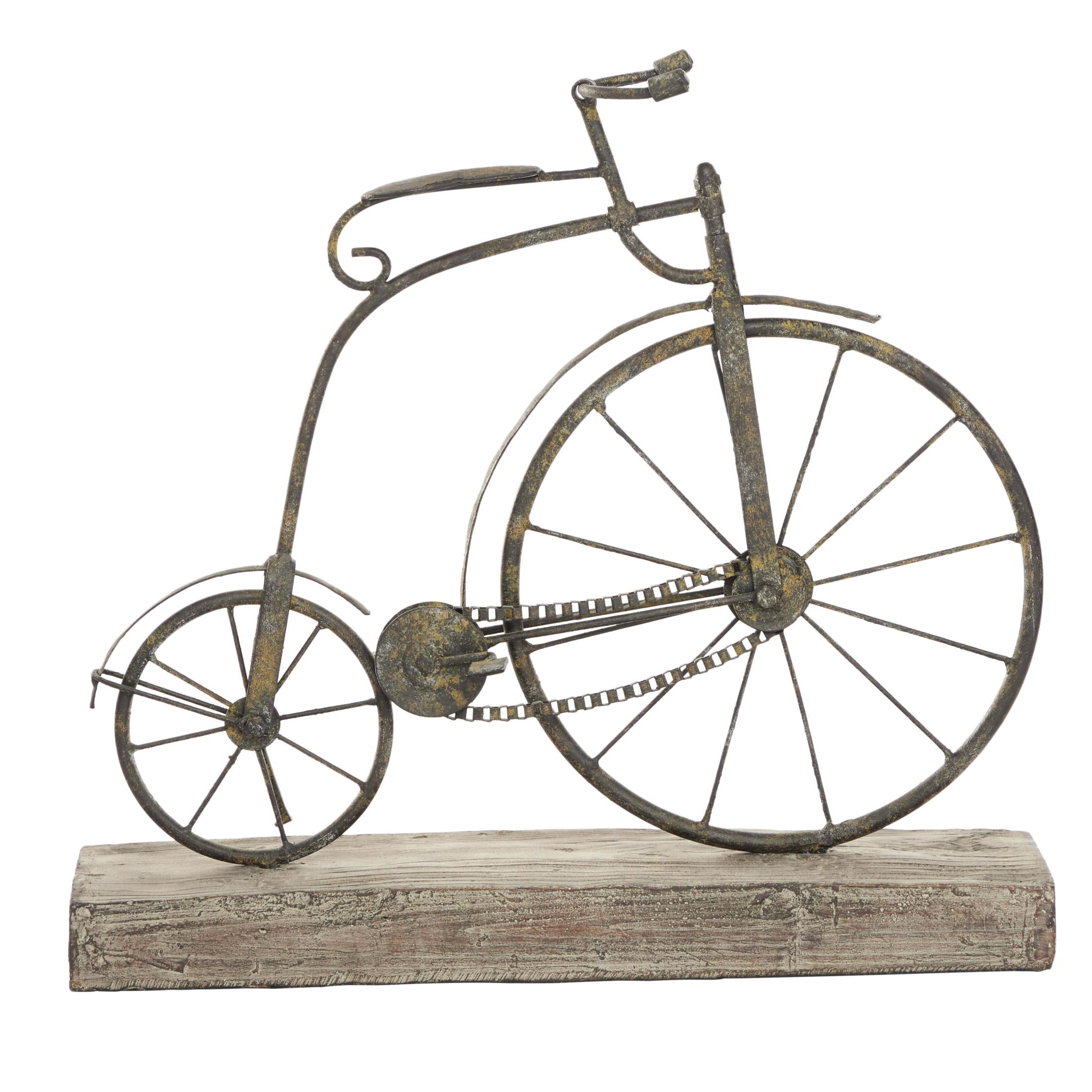 16" x 14" Black Metal Weathered Vintage Bike Sculpture with Wood Block Base, by DecMode
