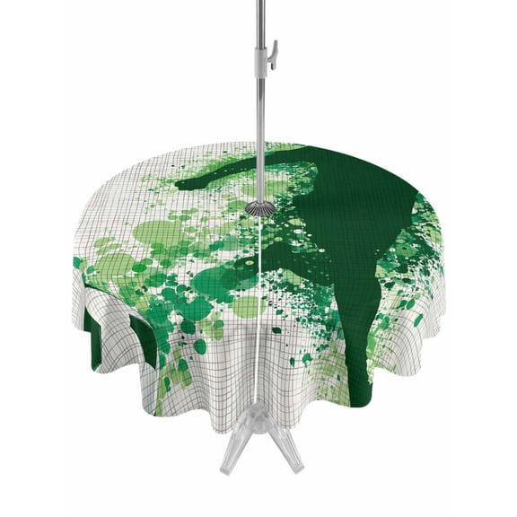 Outdoor Tablecloth with Umbrella Hole for Patio/Picnic/Party/Camping, Football Waterproof Table Cloth Round Cover Washable, Green Player Silhouette Soccer Sports Rustic (Dia 54")