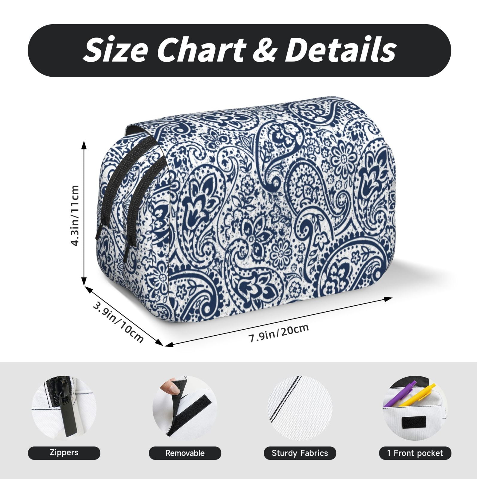 Rateoe Paisley4 Pattern Double Clamshell Pen Case, Storage Organizer with Two Zipper Compartments– Holds Up to 50 Pencils & Pens