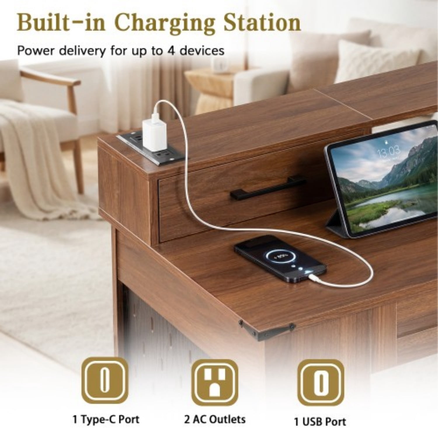 55" Farmhouse Computer Desk with Storage Cabinet & Charging Station, Barn Door Writing Desk with Keyboard Tray, Monitor Stand, Pegboard, Drawer & Adjustable Shelf for Home Office, Walnut