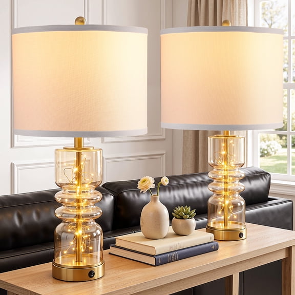 Gorntack 23" Gold Modern Glass Table Lamps with White Fabric Shade (2 Count)