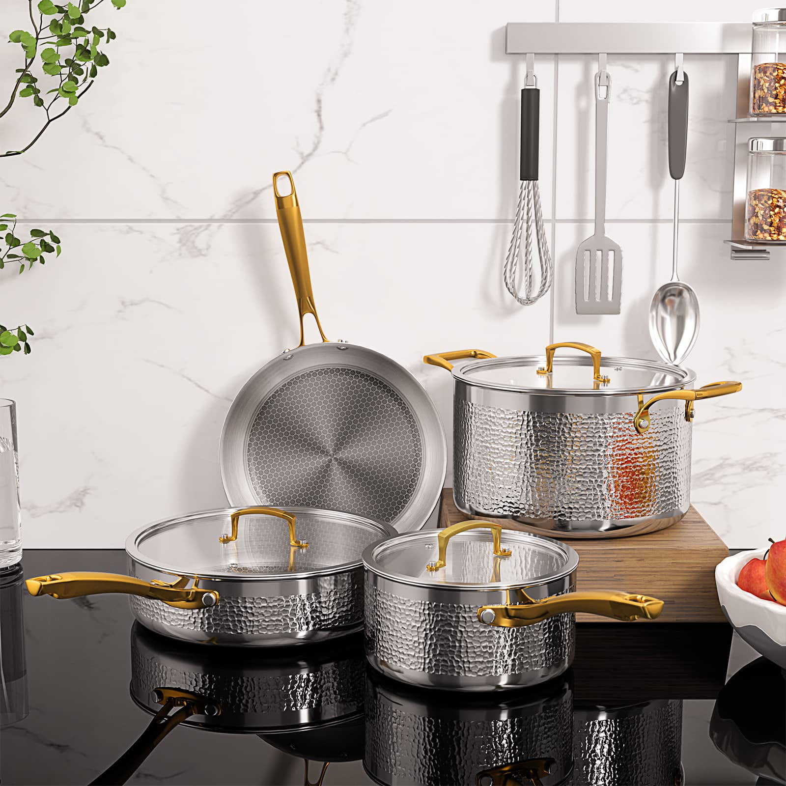 DAEDALUS Gold Pots and Pans Set, 8 Piece Cookware Sets with Tri-Ply  Stainless Steel, Uncoated Pots and Pans Set with Hammered Print Compatible  with