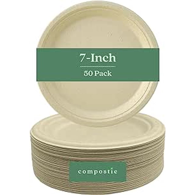 FREE SHIPPING COMPOSTIE 50pcs 100% Compostable and Disposable Sugarcane Paper Plates 7 Inch for 50 Guests and Events Parties Weddings