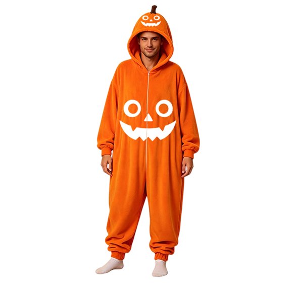 Curuila Halloween Adult Jumpsuit Hooded Hallowmas Pumpkin Flannel Pajamas For Women And Men Party Comfortable Loungewear Jumpsuit Size L