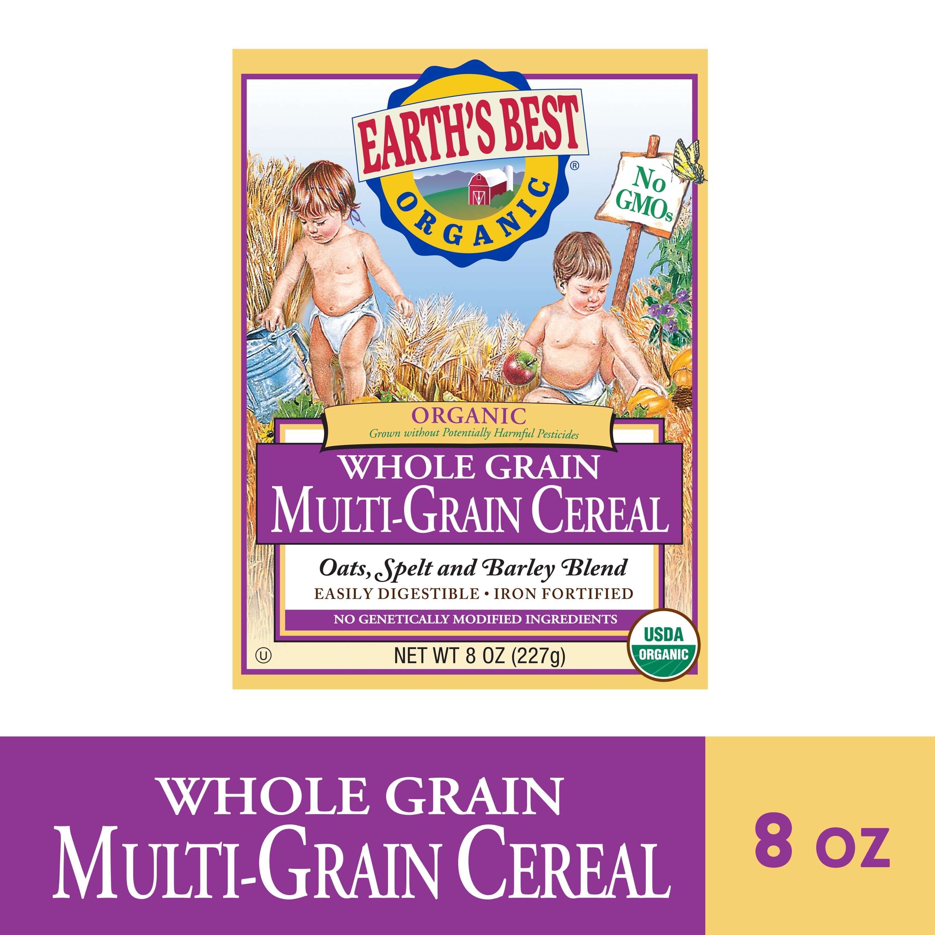 (2 pack) Earth's Best Organic Multi-Grain Baby Infant Cereal 4+ Months, Whole Grain Oats Spelt Barley, Clean Label, Non-GMO, Iron Fortified, 8 oz Box