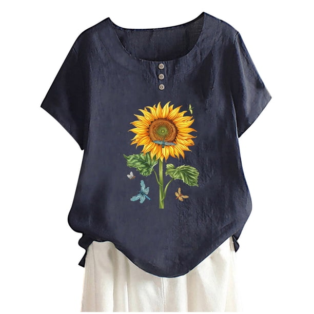 Camisas de Manga Corta para las Mujeres, Blusa de Botón de Impresión Casual con Cuello Redondo Hecha de Tela Suave Transpirable para Verano Primavera, Blusas de Manga Corta para las Mujeres