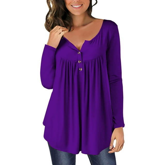 AherBiu Tuniques pour Femmes Manches Longues Bouton Col Rond Blouses Coupe Ample Chemises Fluides d'Automne