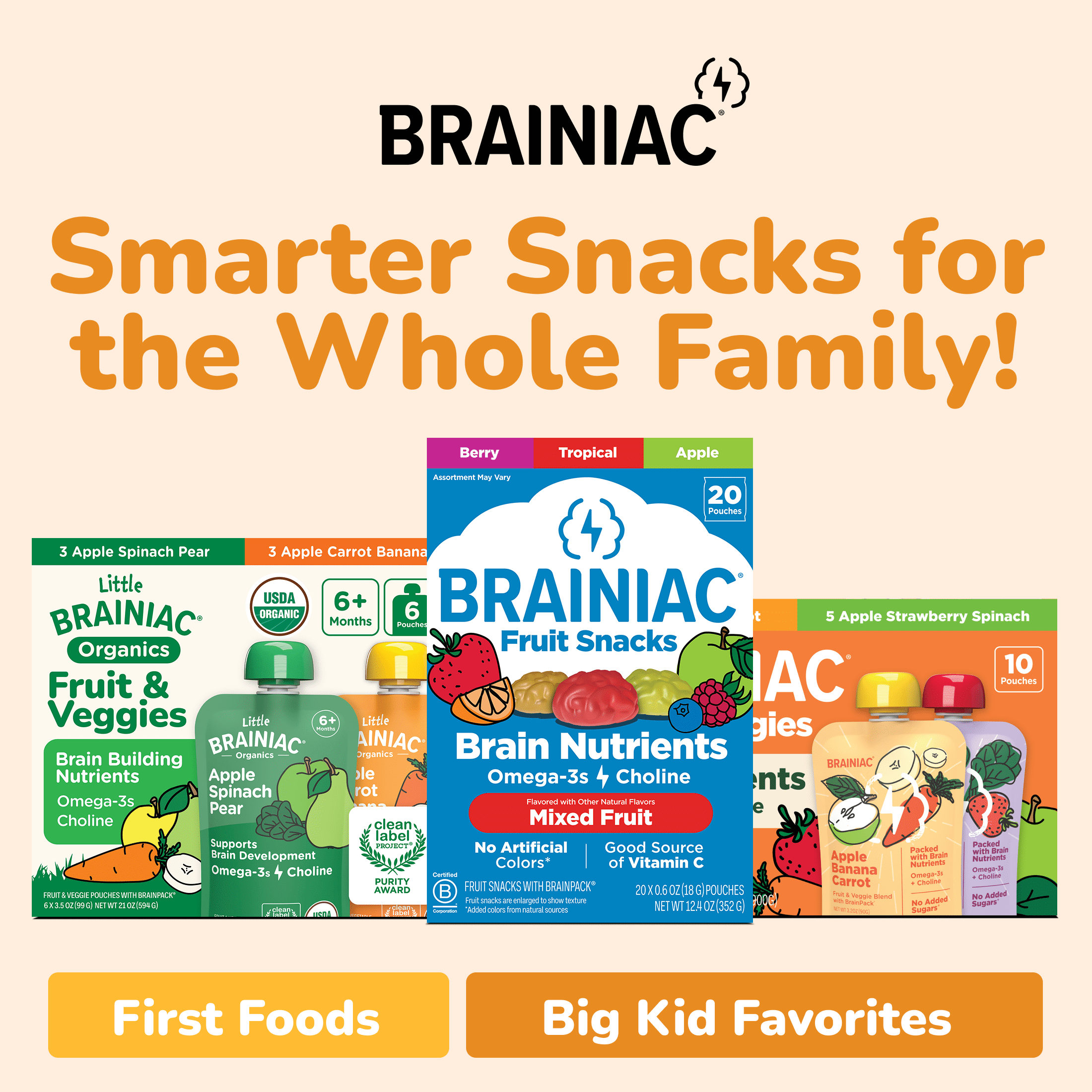Little Brainiac Organic Fruit & Veggie Baby Food Pouch with Omega-3s, Apple Pumpkin Cinnamon, 3.5oz, 6ct