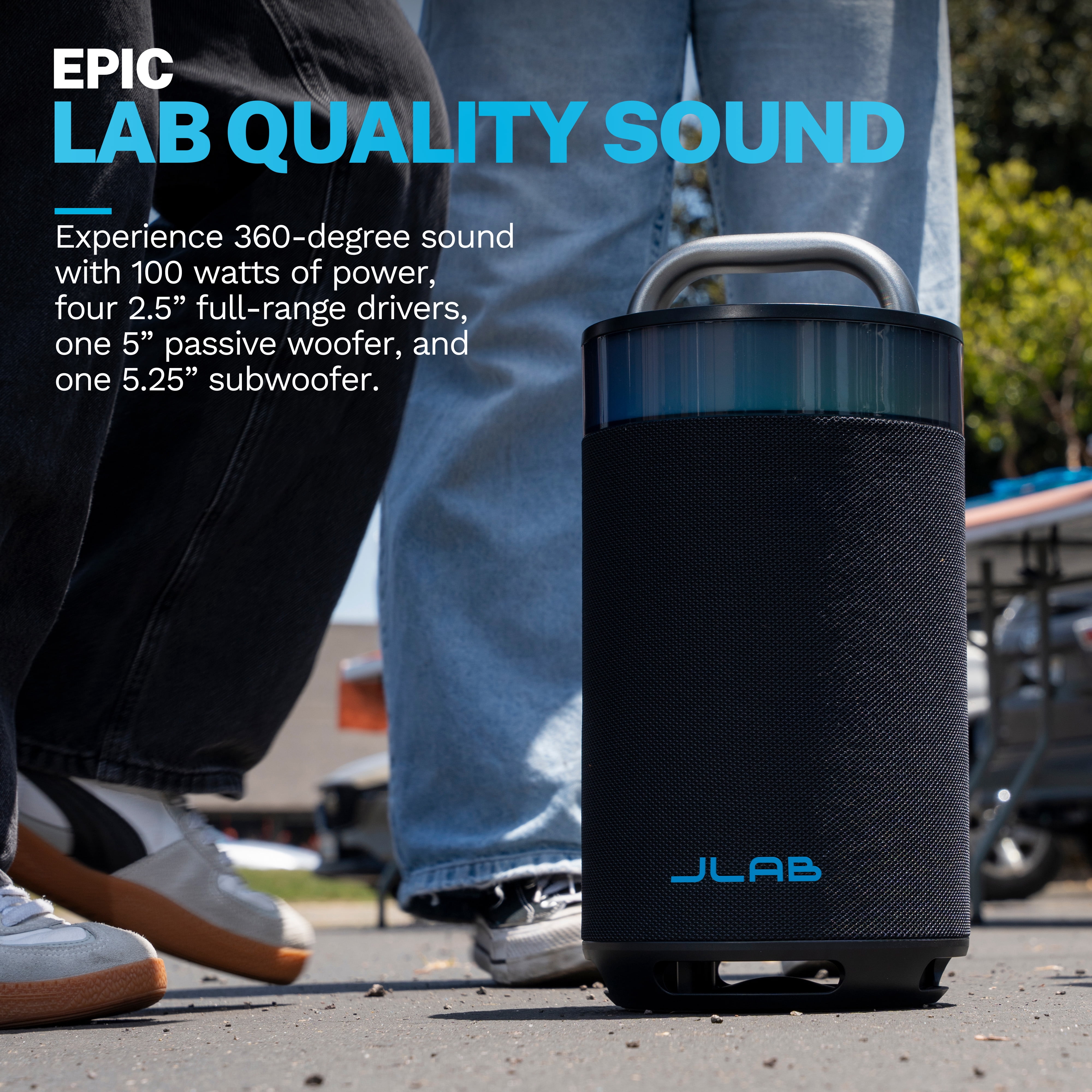 JLab Epic Party Portable Bluetooth Speaker, 100W, Built-in RGB Lights, Splashproof, Black