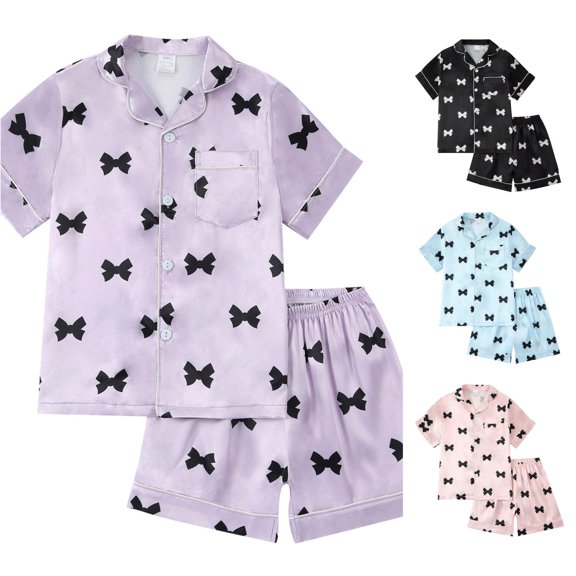 RUTAYY Girls Pajama Set Short Sleeve Turndown Collar Shorts Sweet Bow Pattern Casual Home Outfit Purple
